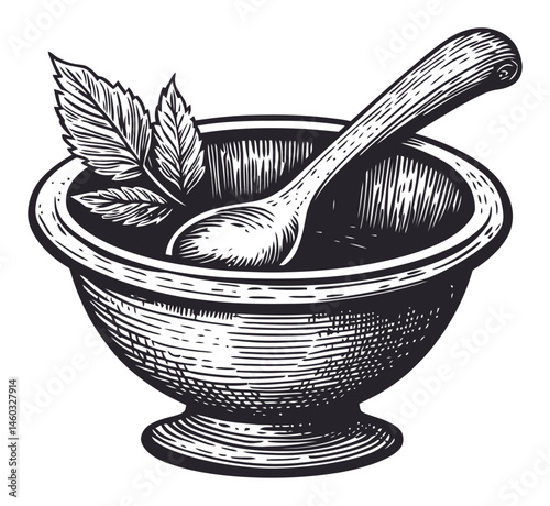 Vintage Mortar and Pestle with Leaves in Black and White Illustration