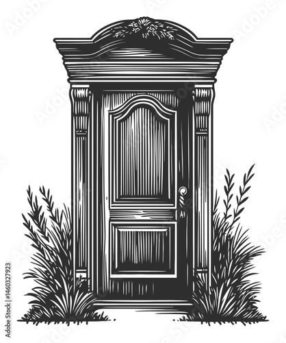 Vintage Style Door Illustration with Decorative Frame and Plants