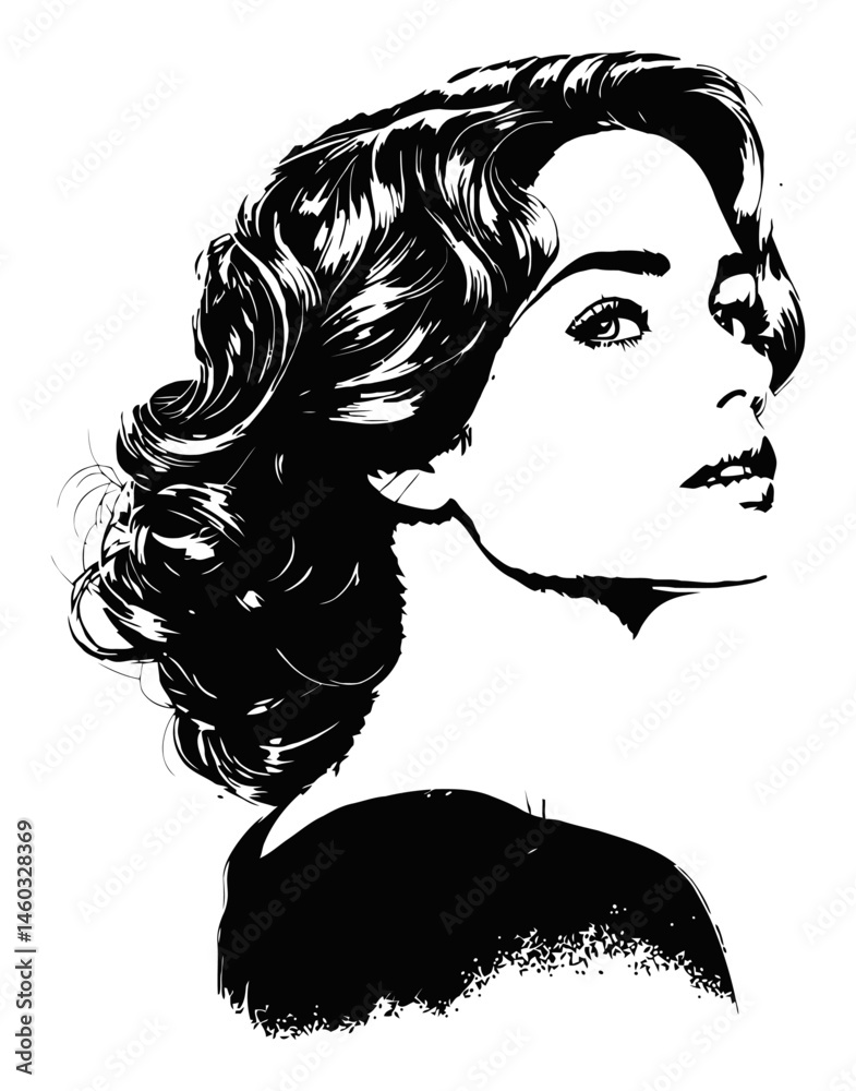 Fototapeta premium Elegant Woman Portrait in Black and White Line Art Illustration