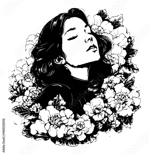 Elegant Illustration of a Woman Surrounded by Floral Elements