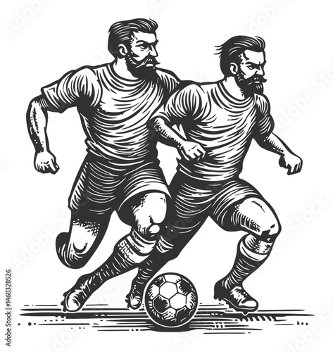 Vintage Style Illustration of Two Soccer Players Competing for Ball