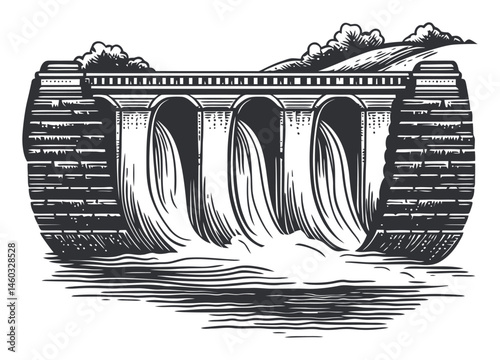 Scenic Waterfall Flowing Over a Bridge with Natural Landscape Background