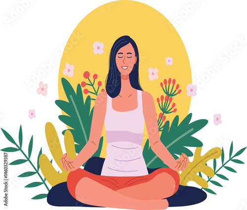 Woman Meditating in Lotus Pose with Plants and Flowers Vector Illustration on White Background.