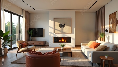 A stylish living room with minimalist furniture and luxurious interior decorations. A modern fireplace in a peaceful and radiant atmosphere with sunlight streaming through.