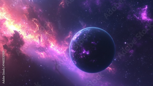 Vast cosmic space with vibrant nebula and celestial sphere.