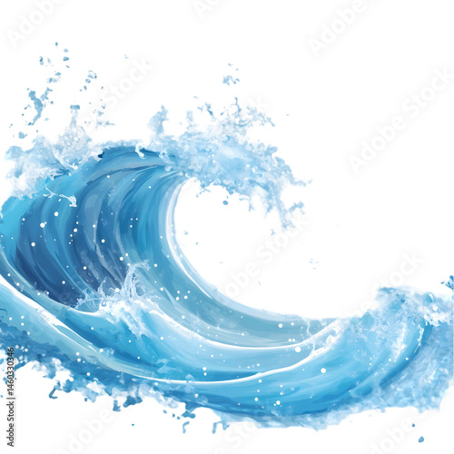 A powerful blue ocean wave crashing with splashing water spray isolated on a transparent background for marine and environmental marketing imagery.