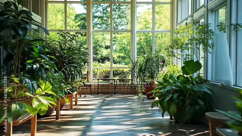 Sun-drenched conservatory with lush plants Sun-drenched conservatory with lush plants