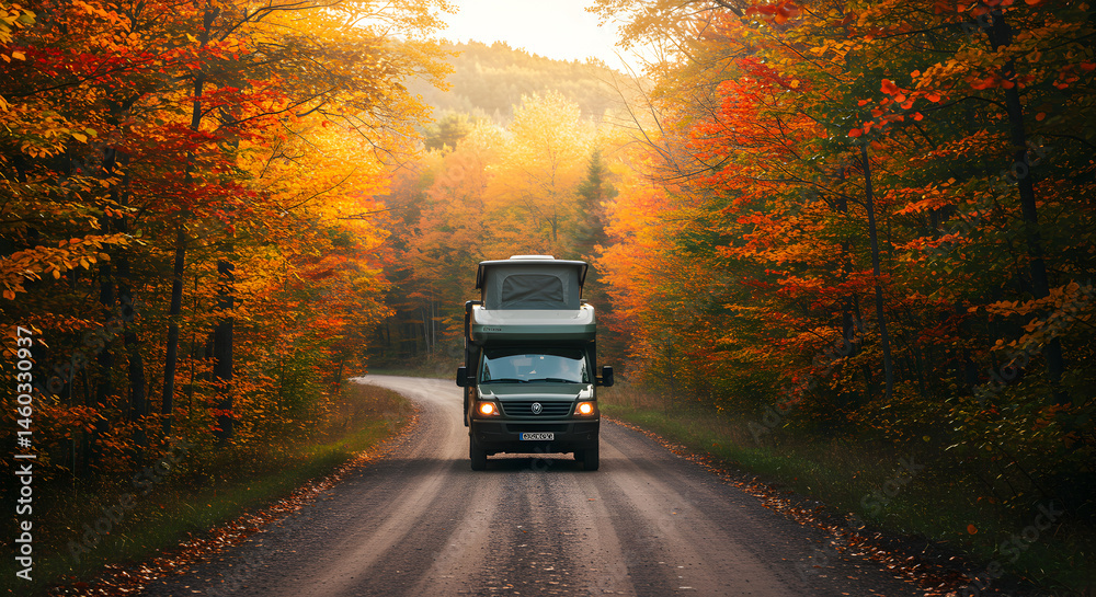 Obraz premium Autumn Road Trip: Camper Van on a Scenic Route Through Fall Foliage