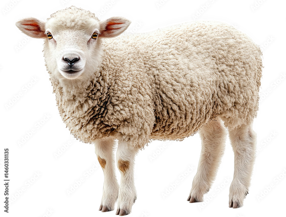 Fototapeta premium Adorable fluffy sheep standing isolated on pet wool farm cute lamb soft on transparent background