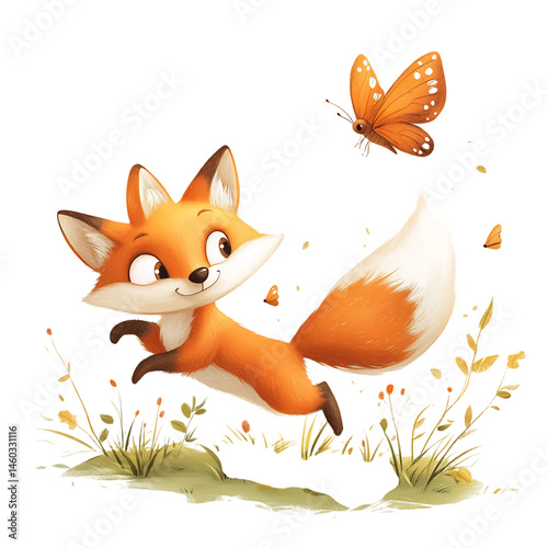 Cartoon Fox Chasing a Butterfly Over Fiery Oranges Isolated on Transparent Background