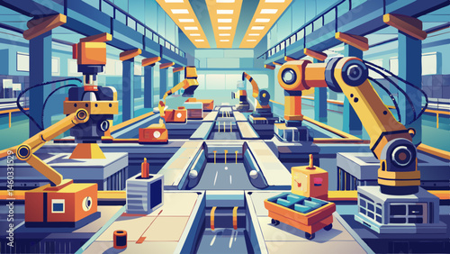 An advanced manufacturing facility with robotic arms working on modular units, showcasing automation and precision in a modern, clean and well-lit industrial environment for efficient