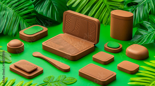Eco-Friendly Packaging Presentation with Brown Kraft Boxes and Green Leaves