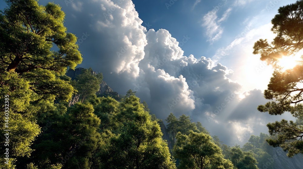 Obraz premium Sunlit forest landscape beneath towering clouds