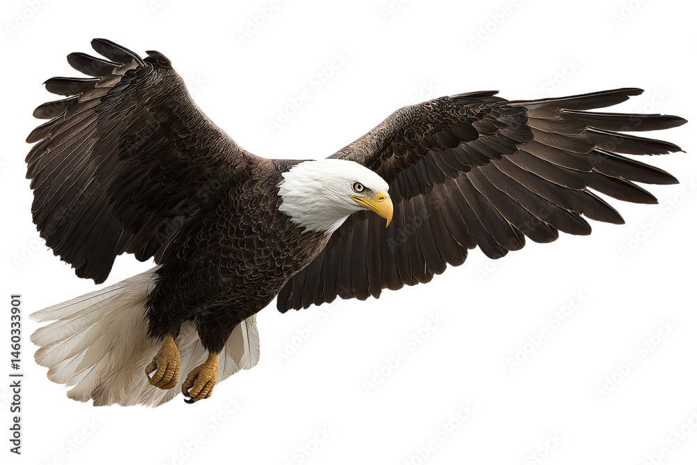 Fototapeta premium Majestic american bald eagle in flight powerful wings spread wide soaring on transparent background