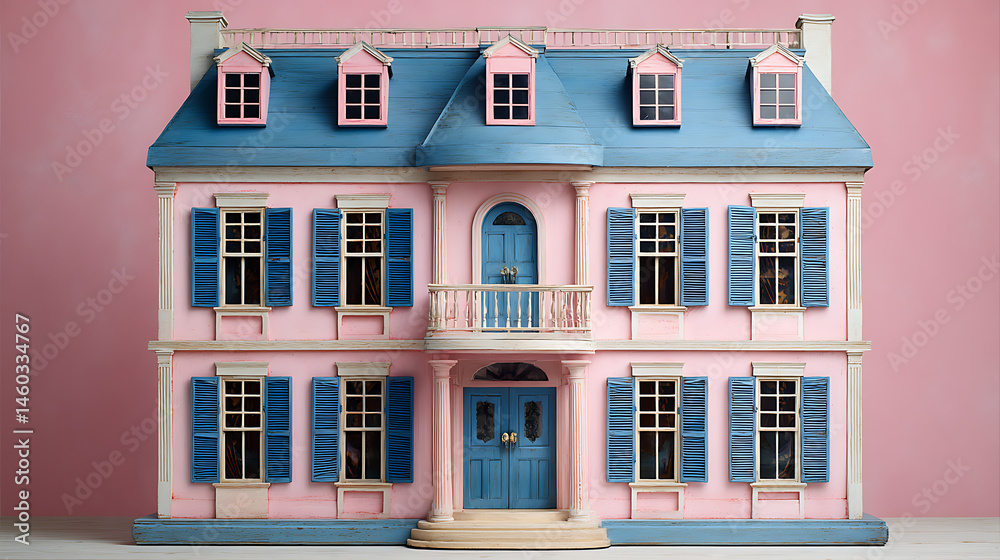 Fototapeta premium A pink and blue doll house with blue shutters