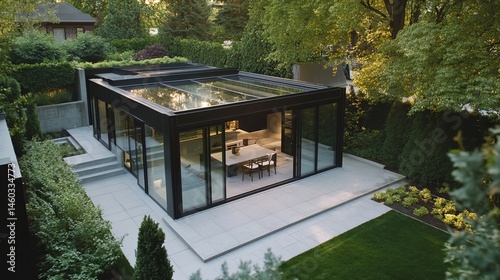 Aerial view of modern glass enclosed patio with outdoor dining surrounded by lush green garden space