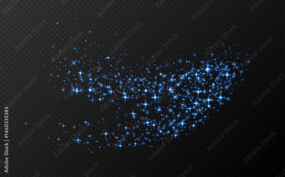 Blue sparkling stars, shiny particles light effect, transparent flying stardust texture, abstract twinkle Christmas decoration. Vector illustration.