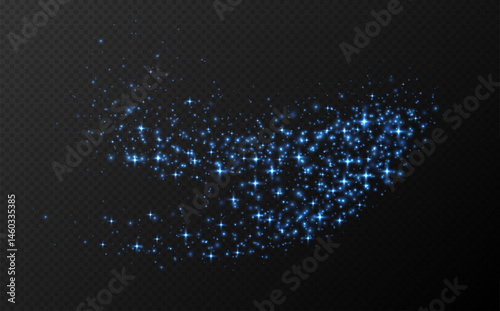 Blue sparkling stars, shiny particles light effect, transparent flying stardust texture, abstract twinkle Christmas decoration. Vector illustration.