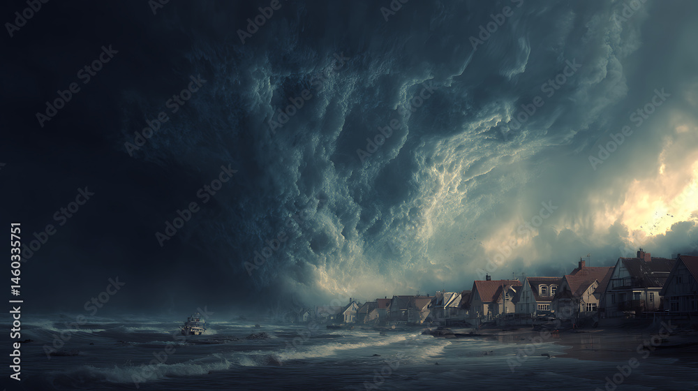 Fototapeta premium A tsunami hit a small seaside town, apocalyptic dramatic background, giant tsunami waves, dark stormy sky, tornado, huge waves tsunami big waves