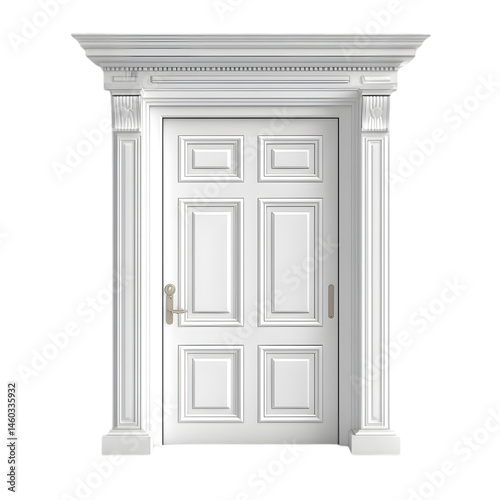 A symmetrical white door with decorative molding and trim against a black background in a studio shot real estate business ,technology ,selling ,purchasing ,agreement
