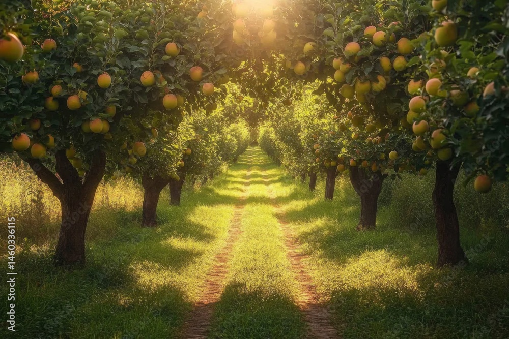 Naklejka premium Sunny orchard with rows of orange trees and green grass