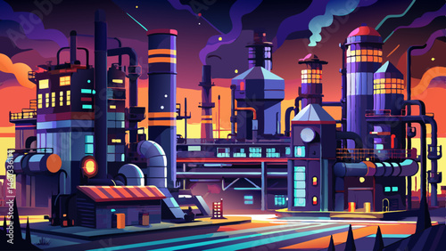 A nighttime view of a large industrial complex, with illuminated towers and extensive piping, showcasing complex engineering and infrastructure in a dark setting.
