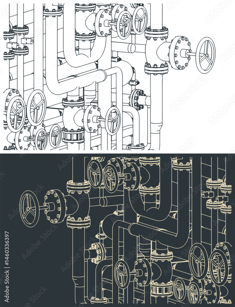 Obraz premium Industrial valves and pipes close up illustrations