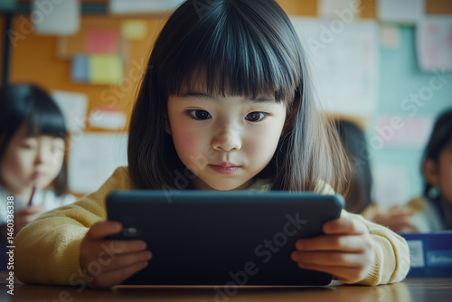 Little girl from Japan at school using a laptop tablet