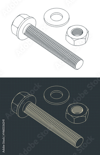 Hex bolt, nut and washer isometric blueprints