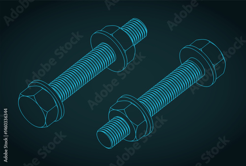 Hex bolt, nut and washer isometric blueprint illustration