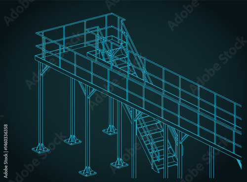 Industrial steel platform and stairs isometric blueprint