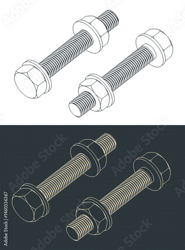 Hex bolt, nut and washers isometric drawings