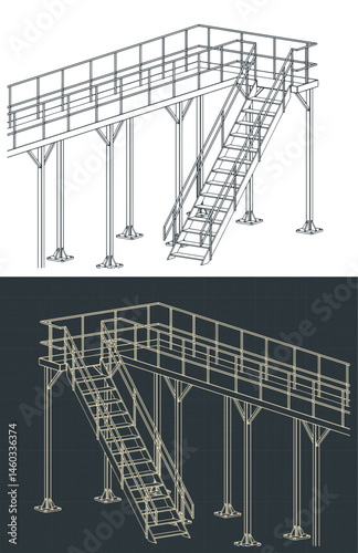 Industrial steel platform and stairs isometric blueprints
