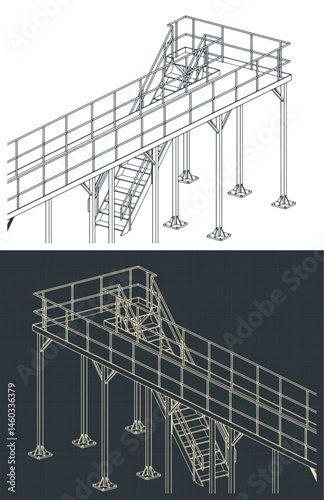 Industrial steel platform and stairs isometric blueprints  illustrations