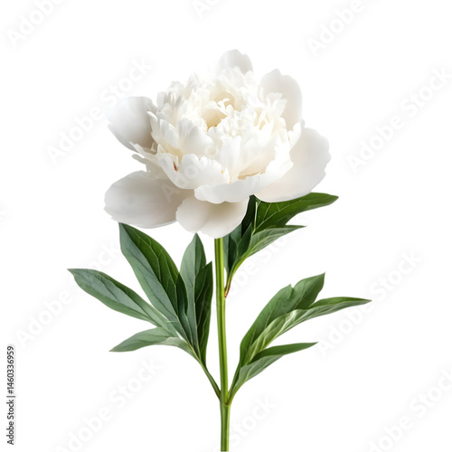 A single white peony flower with green leaves isolated on a transparent background for floral design, wedding invitations, and editorial use.