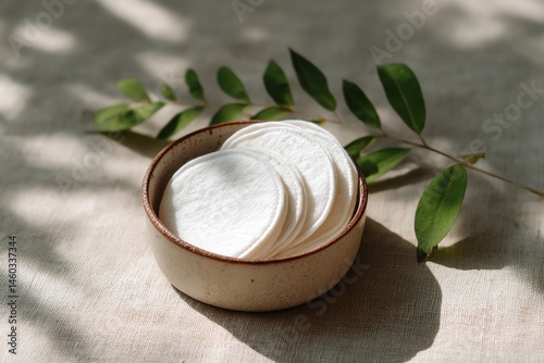 reusable cotton pads in ceramic bowl on linen surface, placed outdoors with sunlight filtering through leaves, zero waste skincare photo