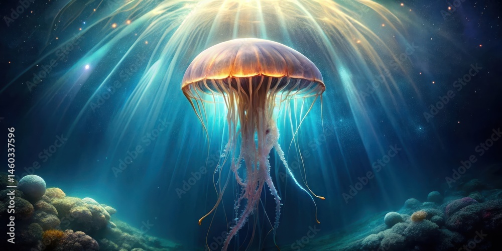 Fototapeta premium An Enigmatic Deep Sea Jellyfish Illuminated by Celestial Rays in an Aquatic Realm