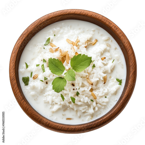 Close up of curd rice with herbs and spices in a wooden bowl dish food photo
