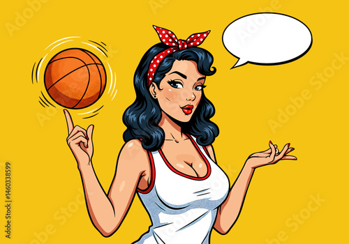 vector pop art flat illustration of a pin-up basketball girl spinning a ball on her finger with a speech bubble. Retro comic style for fun and sporty designs