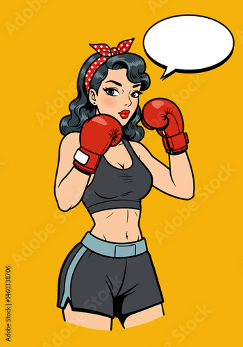 Powerful vector pop art flat illustration of a pin-up boxing girl with gloves and a speech bubble. Retro comic style for strong and determined designs