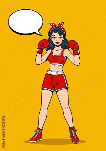 Powerful vector pop art flat illustration of a pin-up boxing girl with gloves and a speech bubble. Retro comic style for strong and determined designs