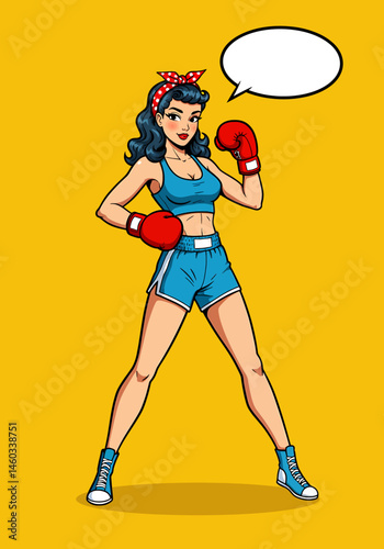 Powerful vector pop art flat illustration of a pin-up boxing girl with gloves and a speech bubble. Retro comic style for strong and determined designs