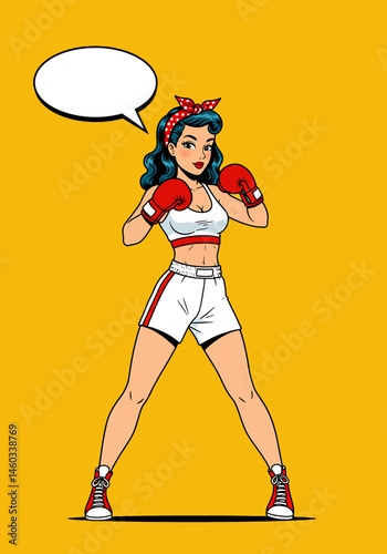 Powerful vector pop art flat illustration of a pin-up boxing girl with gloves and a speech bubble. Retro comic style for strong and determined designs