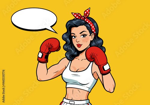 Powerful vector pop art flat illustration of a pin-up boxing girl with gloves and a speech bubble. Retro comic style for strong and determined designs