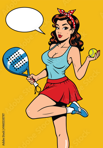 Adobe Illustrator Artwork Dynamic vector pop art flat illustration of a pin-up padel tennis girl with a racket, ball, and speech bubble. Retro comic style for energetic and fun designs
