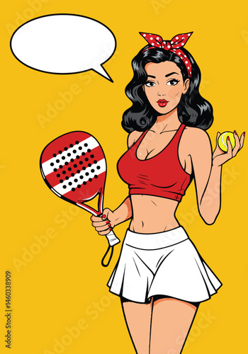 Adobe Illustrator Artwork Dynamic vector pop art flat illustration of a pin-up padel tennis girl with a racket, ball, and speech bubble. Retro comic style for energetic and fun designs