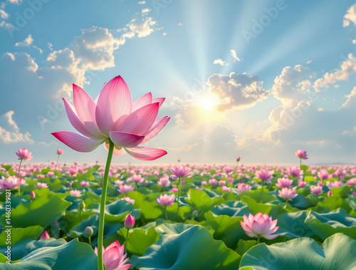 太陽と広大な蓮の花畑をバックにピンクの蓮の花のアップ
