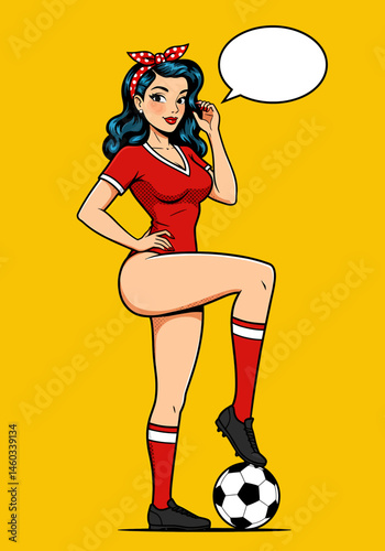 Sporty vector pop art flat illustration of a pin-up soccer girl with a speech bubble. Retro comic style for energetic and fun designs