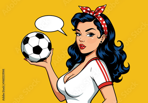 Sporty vector pop art flat illustration of a pin-up soccer girl with a speech bubble. Retro comic style for energetic and fun designs