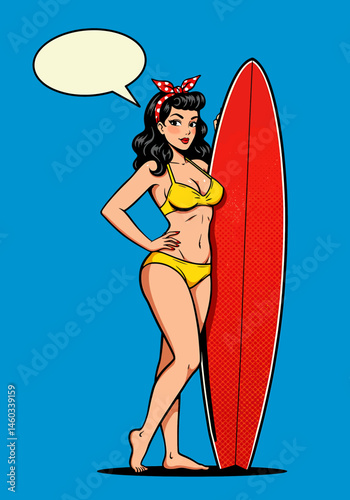 Retro vector pop art flat illustration of a pin-up surfer girl with a surfboard and speech bubble. Classic vintage style for fun and nostalgic designs